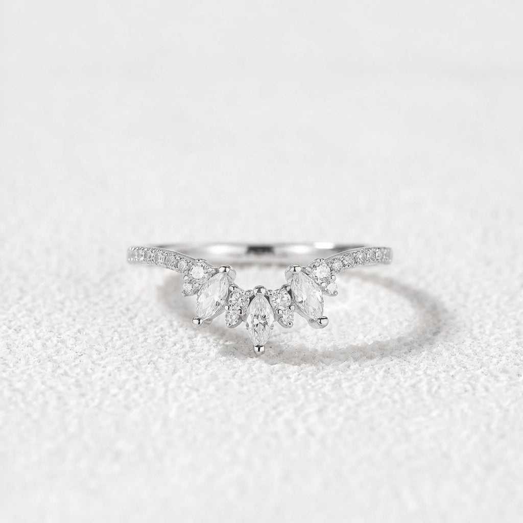 Marquise Cut Moissanite Half Eternity Curved Wedding Band in White Gold.