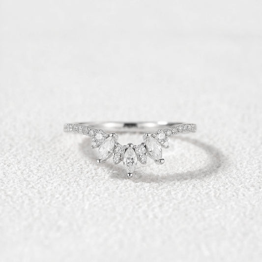 Marquise Cut Moissanite Half Eternity Curved Wedding Band in White Gold.