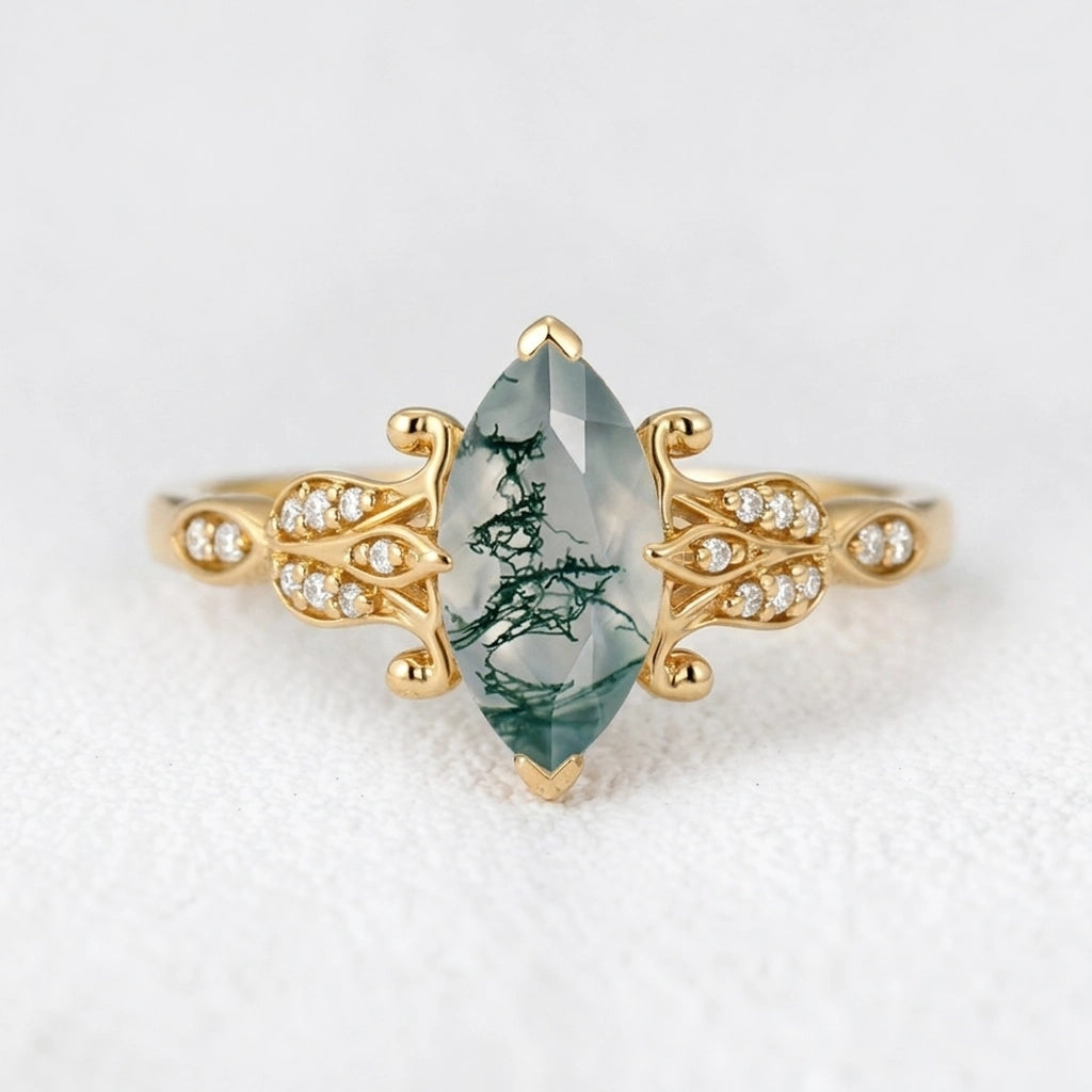 Sylvie’s Shade | Marquise Cut Moss Agate Leaf Vintage Engagement Ring.