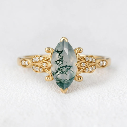 Sylvie’s Shade | Marquise Cut Moss Agate Leaf Vintage Engagement Ring.