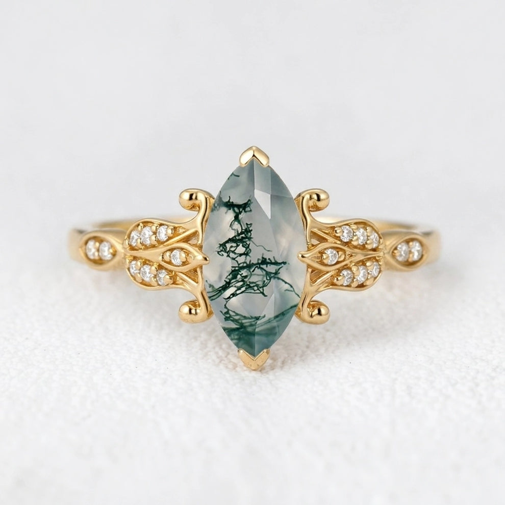 Sylvie’s Shade | Marquise Cut Moss Agate Leaf Vintage Engagement Ring.