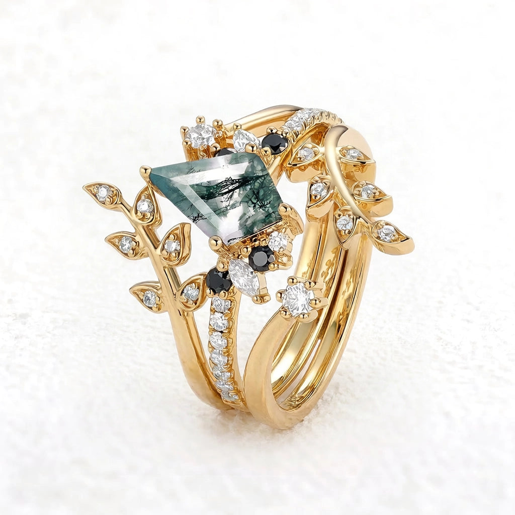 Fourfold Bond | Kite Cut Moss Agate & Black Moissanite Couple Ring Set 4pcs.