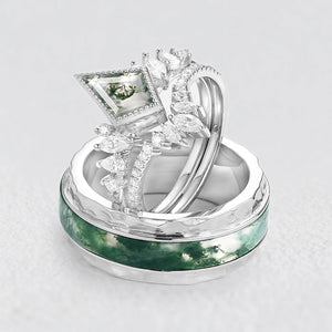 Sylvie’s Cluster | Kite Cut Moss Agate Engagement Couple Ring Set 3pcs.