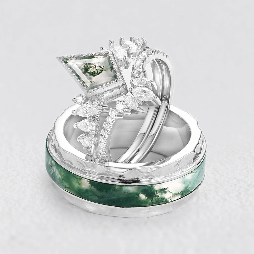 Sylvie’s Cluster | Kite Cut Moss Agate Engagement Couple Ring Set 3pcs.