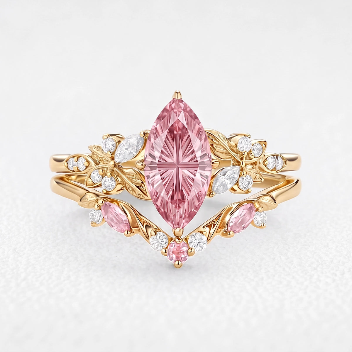 Peony’s Bloom | Fantasy-Cut Marquise Pink Sapphire Bridal Set 2pcs