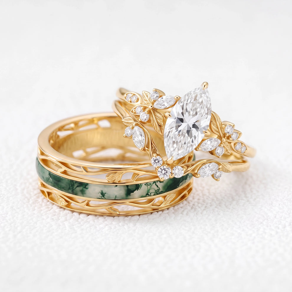 Seraphina‘s Aureole | 1CT Marquise Diamond Chevron & Moss Agate Inlay Band Couple Set Trio