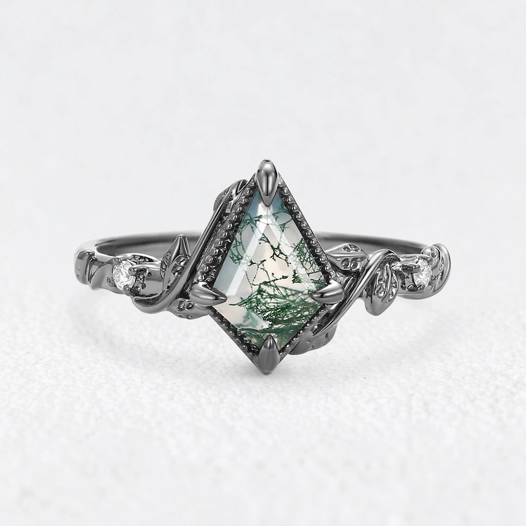 Leafy Kite Cut Moss Agate & Moissanite Engagement Ring.
