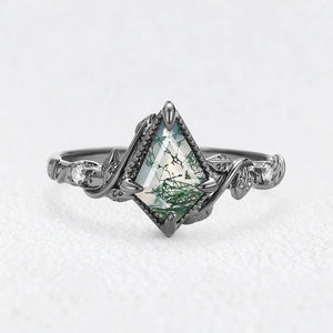 Leafy Kite Cut Moss Agate & Moissanite Engagement Ring.