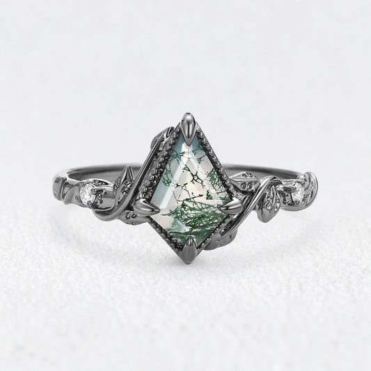 Leafy Kite Cut Moss Agate & Moissanite Engagement Ring.