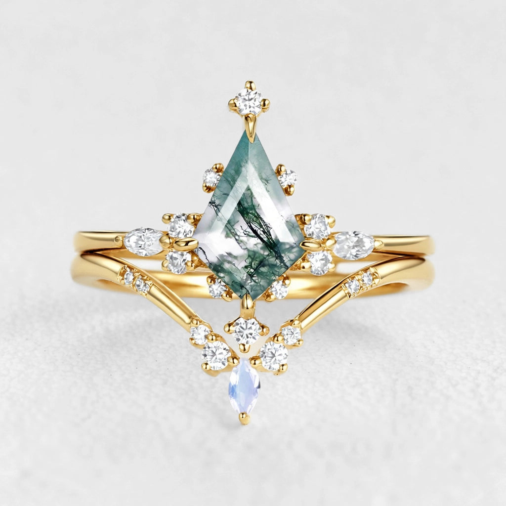 Unique Kite Cut Moss Agate & Moonstone Engagement Ring Sets 2pcs.
