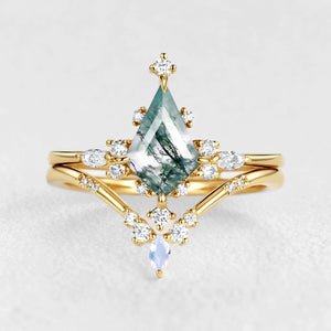 Unique Kite Cut Moss Agate & Moonstone Engagement Ring Sets 2pcs.