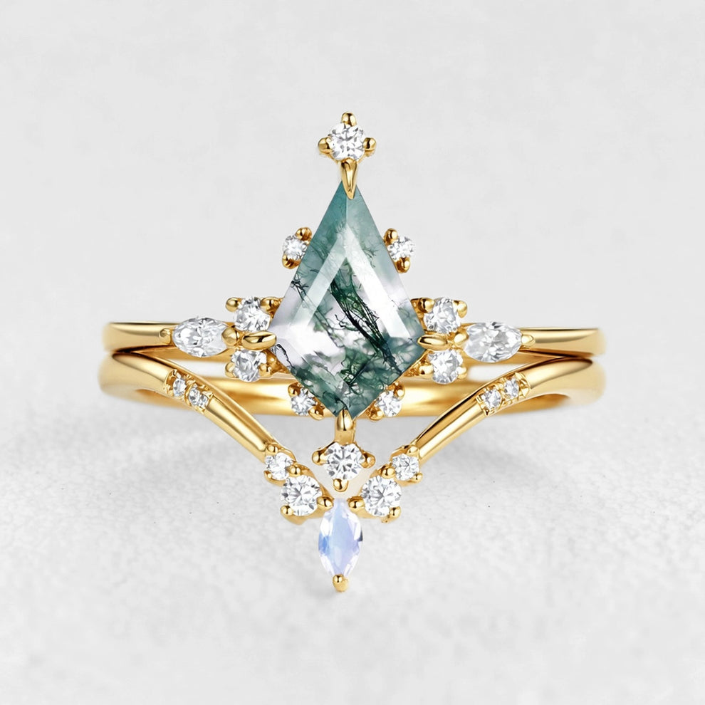Unique Kite Cut Moss Agate & Moonstone Engagement Ring Sets 2pcs.