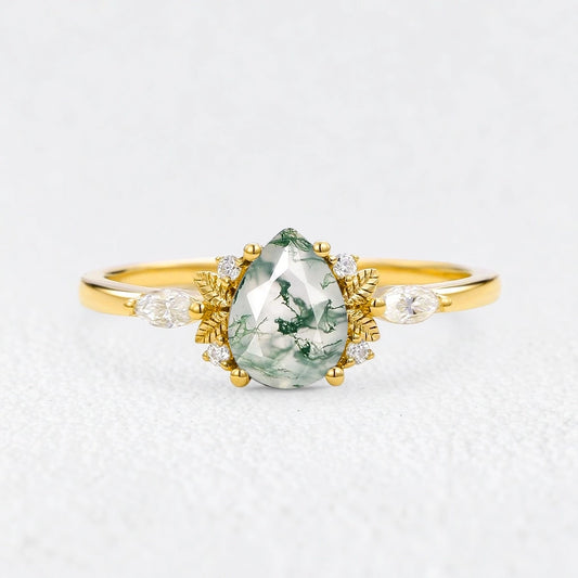 Elara’s Whisper | Pear Moss Agate Foliage Engagement Ring