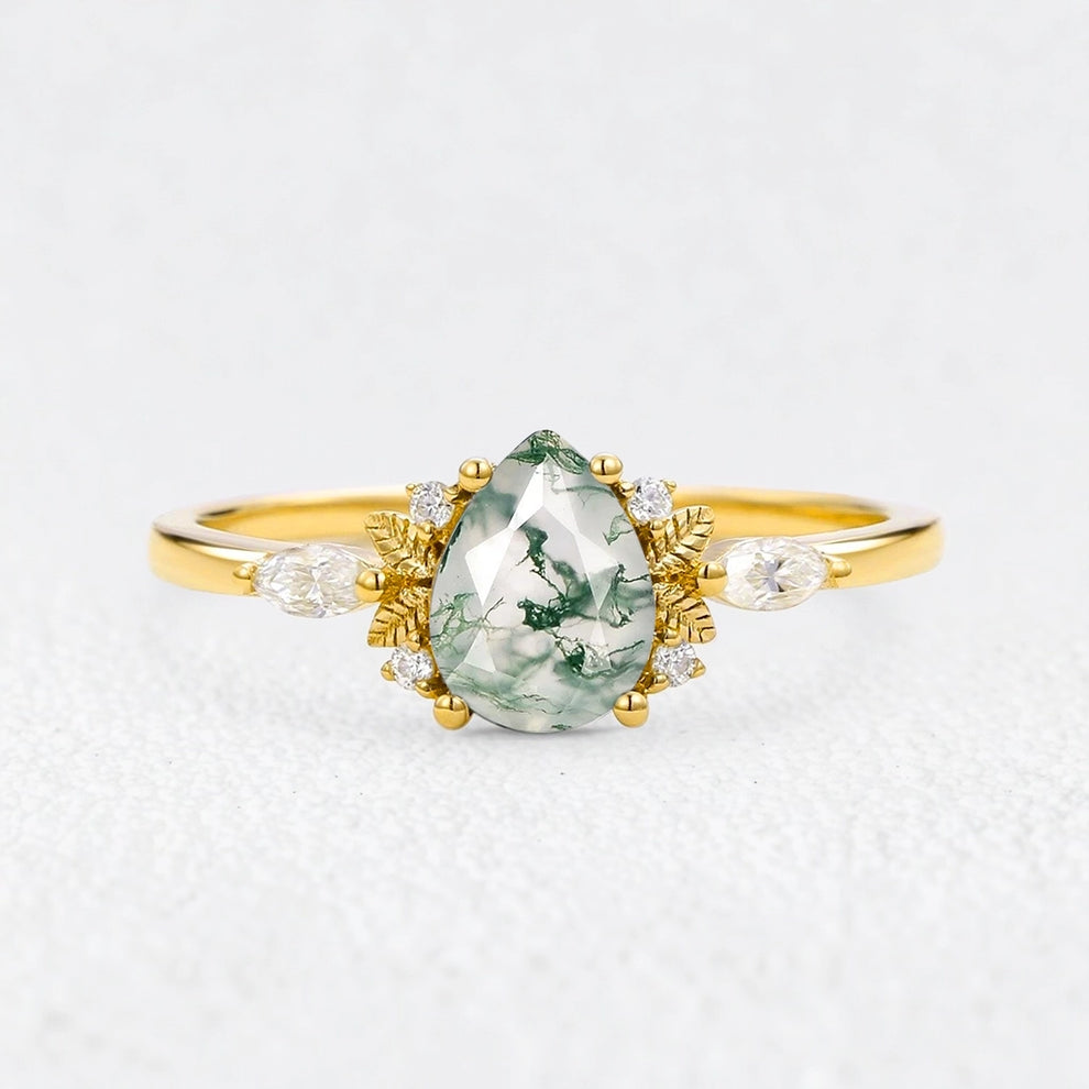Elara’s Whisper | Pear Moss Agate Foliage Engagement Ring