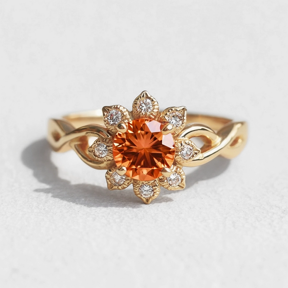 Ivy’s Corolla | Round Orange Garnet Engagement Ring with Petal Halo.
