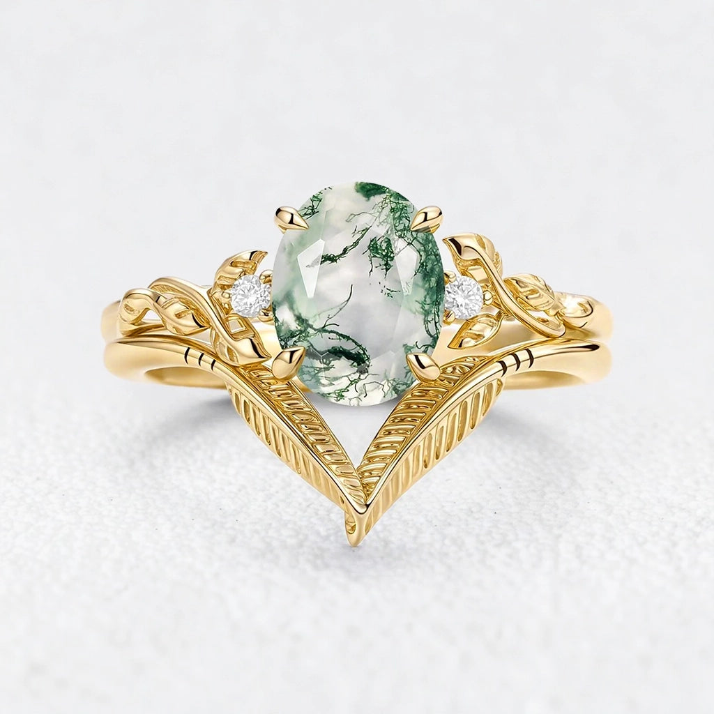 Isadora’s Gilded | Oval Moss Agate Leafy Gold Bridal Duo