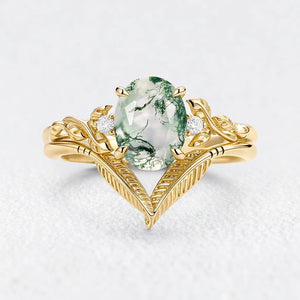 Isadora’s Gilded | Oval Moss Agate Leafy Gold Bridal Duo