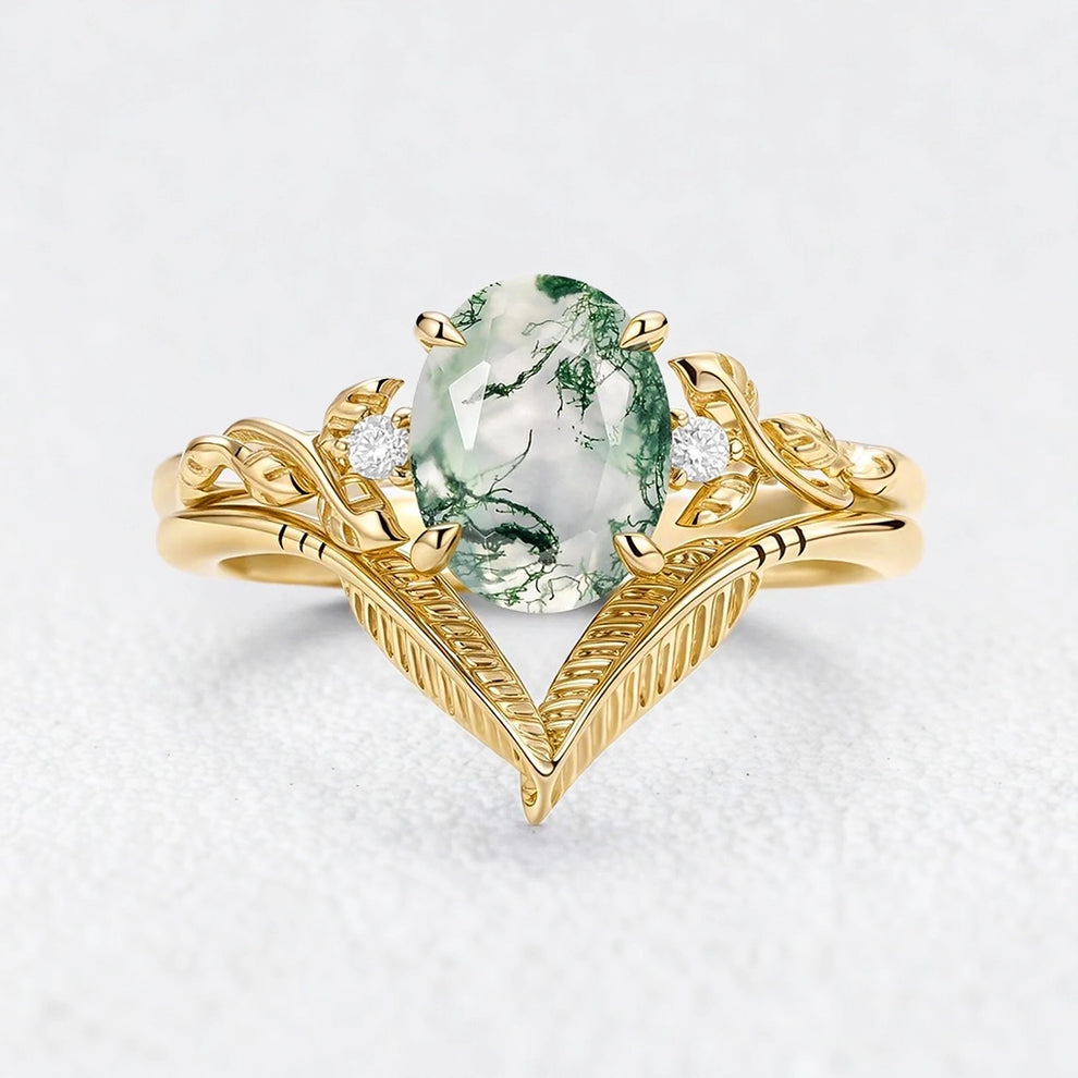 Isadora’s Gilded | Oval Moss Agate Leafy Gold Bridal Duo