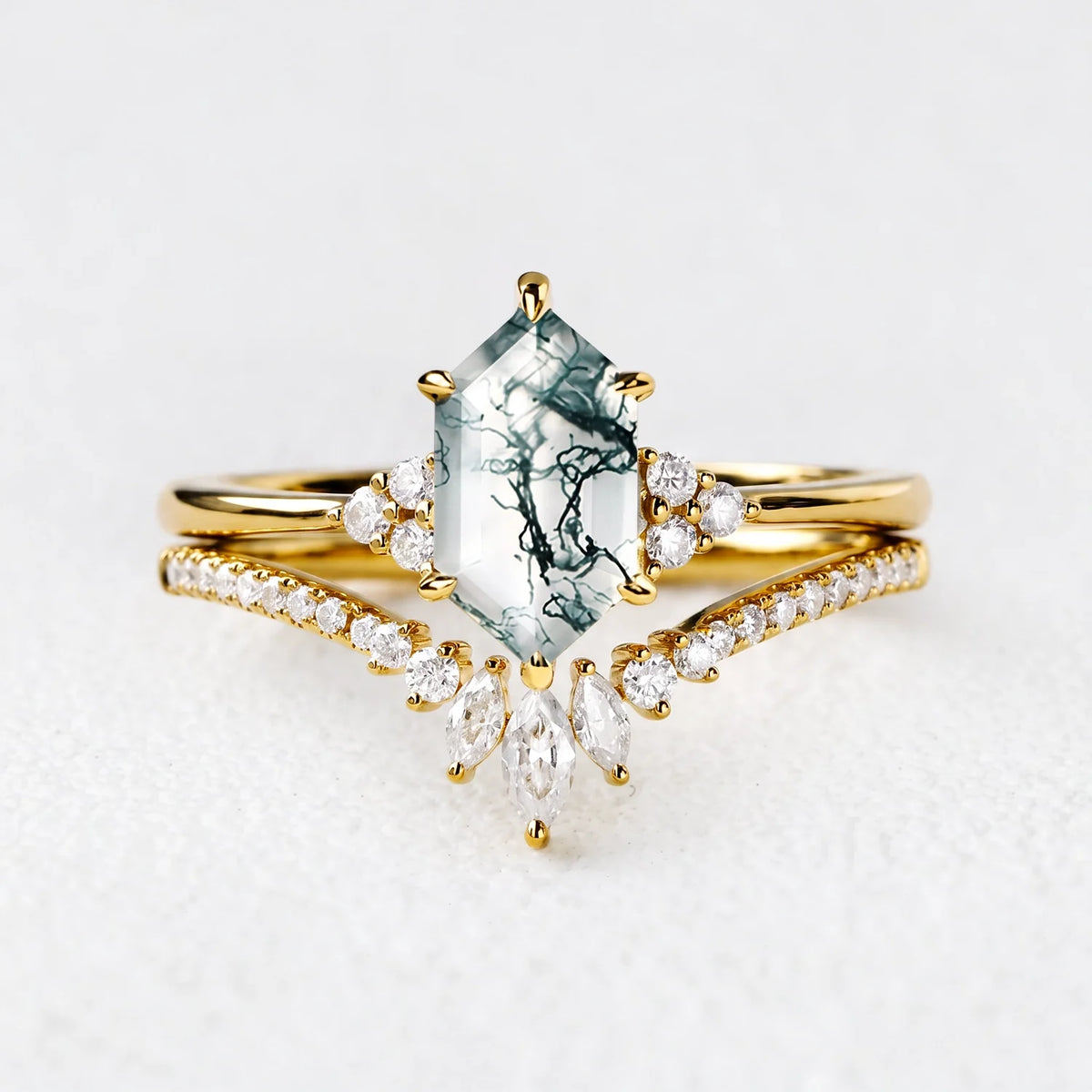 Genevieve’s Harmony | Luxurious Hexagon Moss Agate Bridal Set & 8MM Moss Inlay Band Couple Ring Set 3pcs