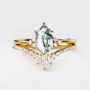 Genevieve’s Harmony | Luxurious Hexagon Moss Agate Bridal Set & 8MM Moss Inlay Band Couple Ring Set 3pcs