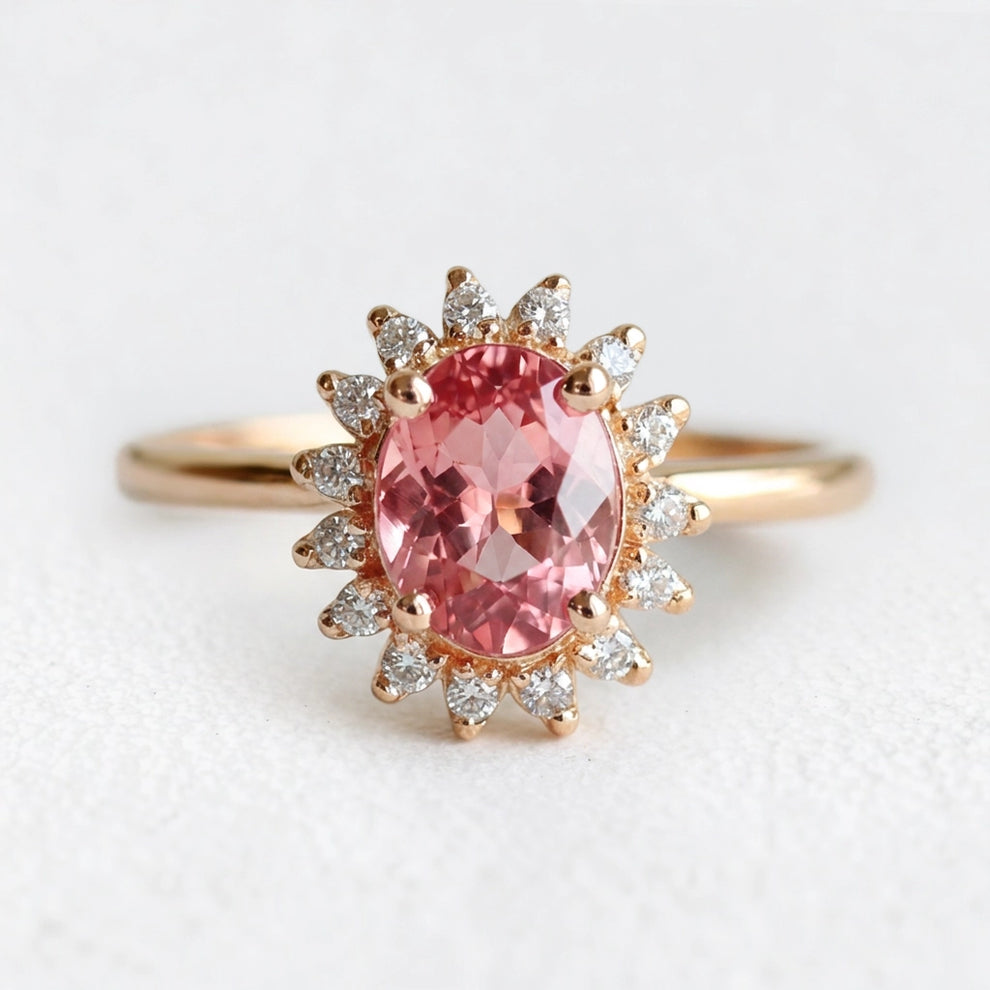 Aurora’s Blush | Oval Pink Tourmaline Halo Ring.