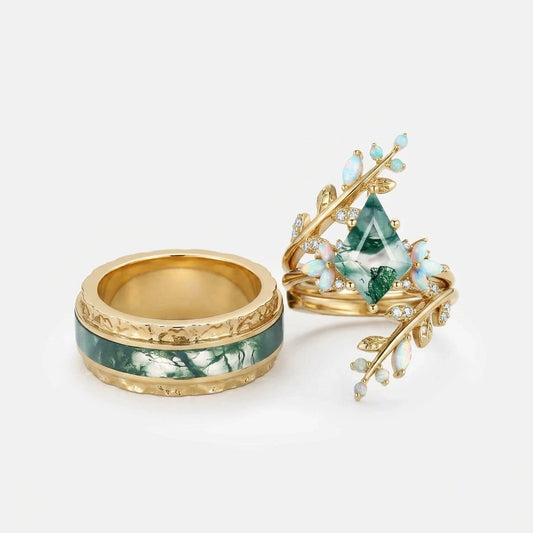 Knight’s Citadel | Kite Cut Moss Agate & Opal Couple Ring Set 3pcs.