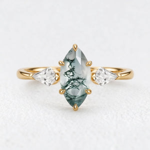 Flora’s Trinity | Minimalist Marquise Cut Moss Agate Three Stone Engagement Ring