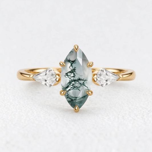 Flora’s Trinity | Minimalist Marquise Cut Moss Agate Three Stone Engagement Ring