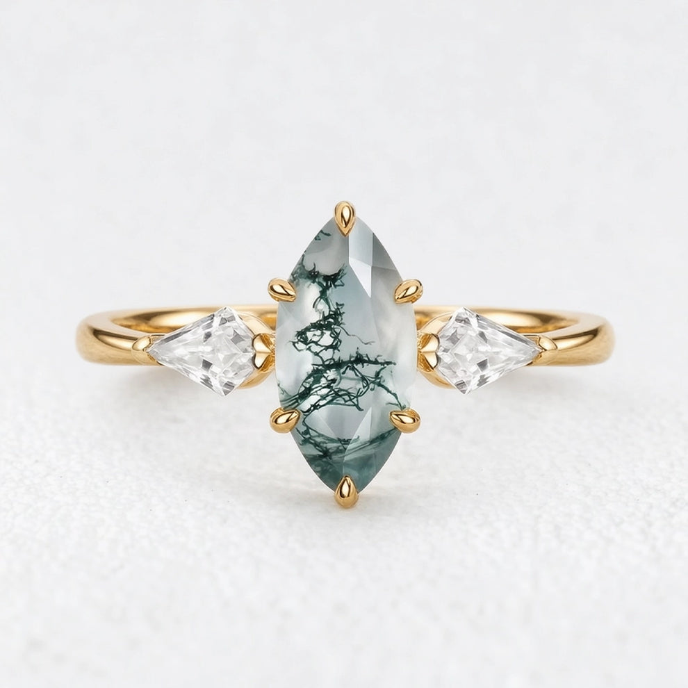 Flora’s Trinity | Minimalist Marquise Cut Moss Agate Three Stone Engagement Ring