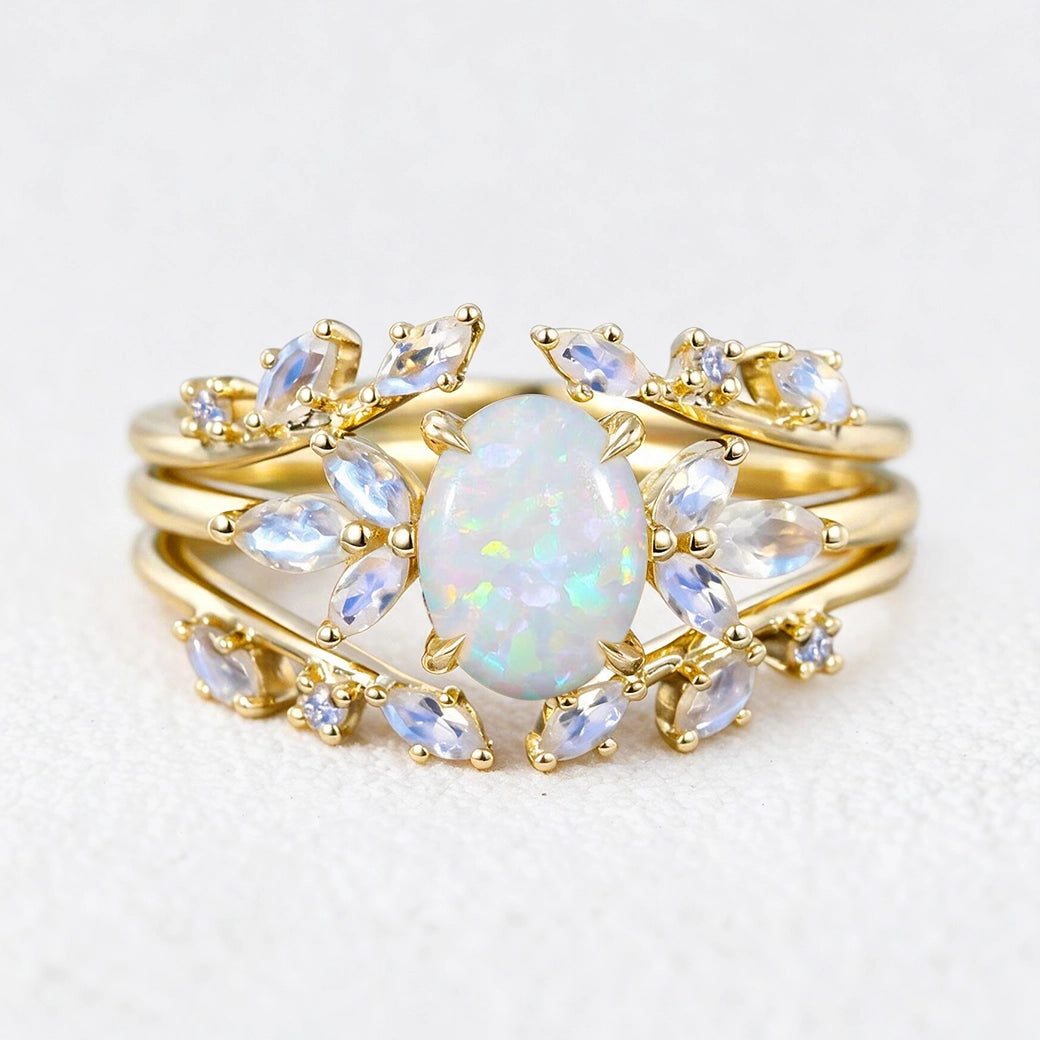 Ophelia’s Embrace | Oval Opal with Moonstone Wings Vintage Bridal Duo