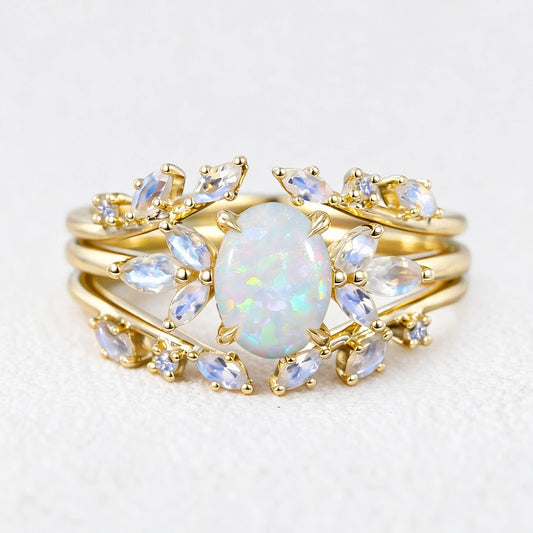 Ophelia’s Embrace | Oval Opal with Moonstone Wings Vintage Bridal Duo