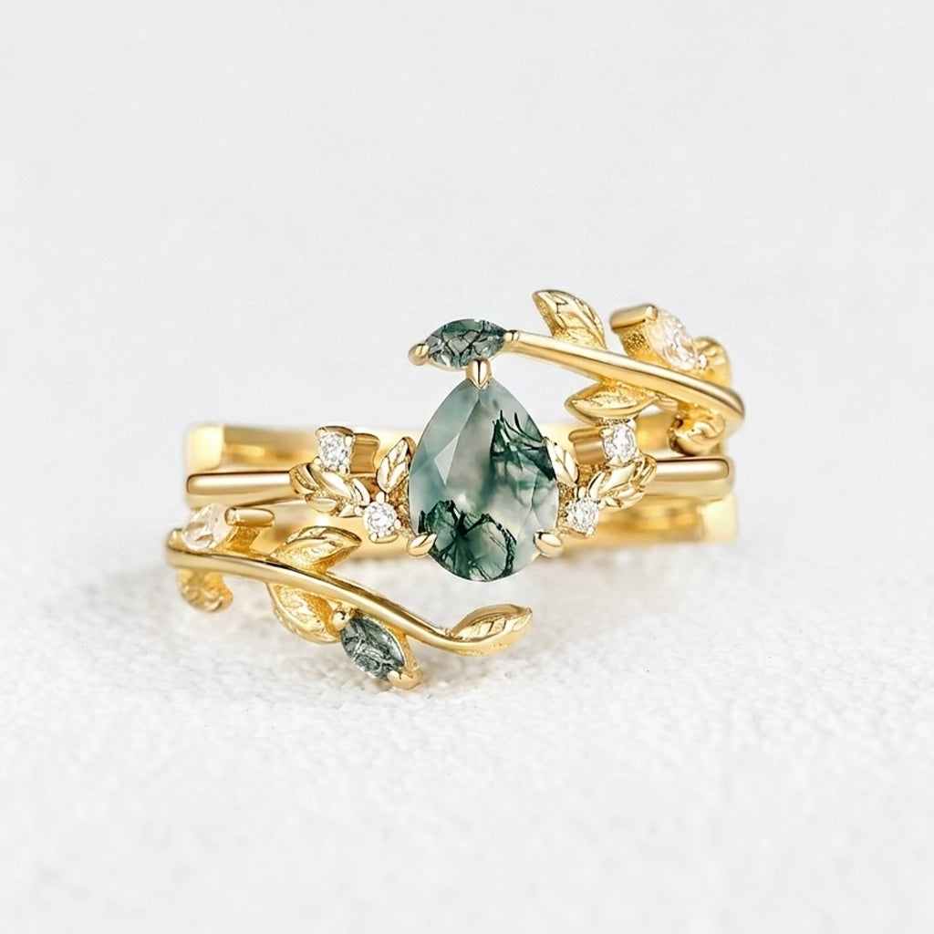 Dawn Pear Cut Moss Agate Leafy Engagement Ring Set 2pcs.