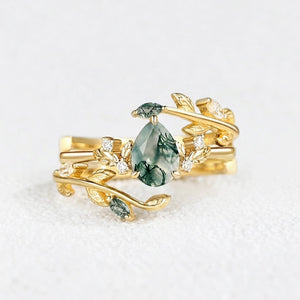 Dawn Pear Cut Moss Agate Leafy Engagement Ring Set 2pcs.