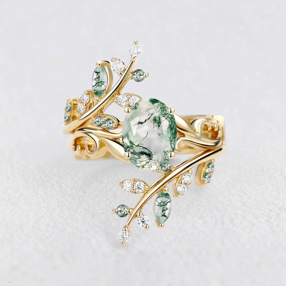 Daphne’s Canopy | Oval Cut Green Moss Agate Cluster Couple Ring Set.