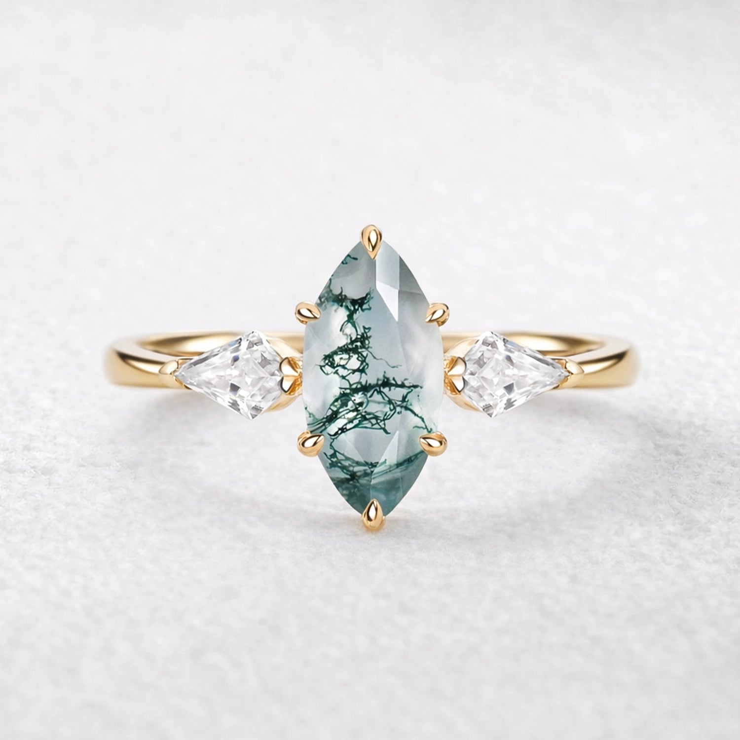 Flora’s Trinity | Minimalist Marquise Cut Moss Agate Three Stone Engagement Ring.
