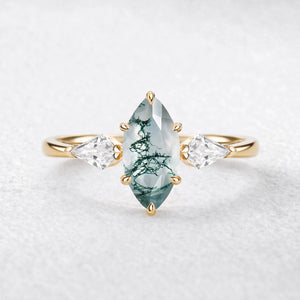 Flora’s Trinity | Minimalist Marquise Cut Moss Agate Three Stone Engagement Ring.