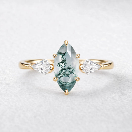 Flora’s Trinity | Minimalist Marquise Cut Moss Agate Three Stone Engagement Ring