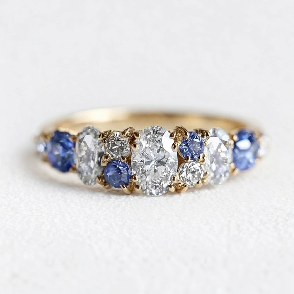 Cordelia’s Keepsake | Thistle Blue Sapphire & Moissanite Half‑Eternity Ring.