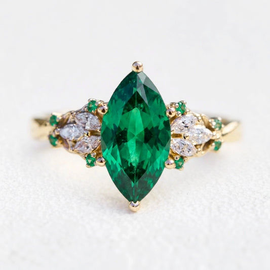 Alexandria’s Regalia | 2CT Marquise Emerald Vintage Engagement Ring