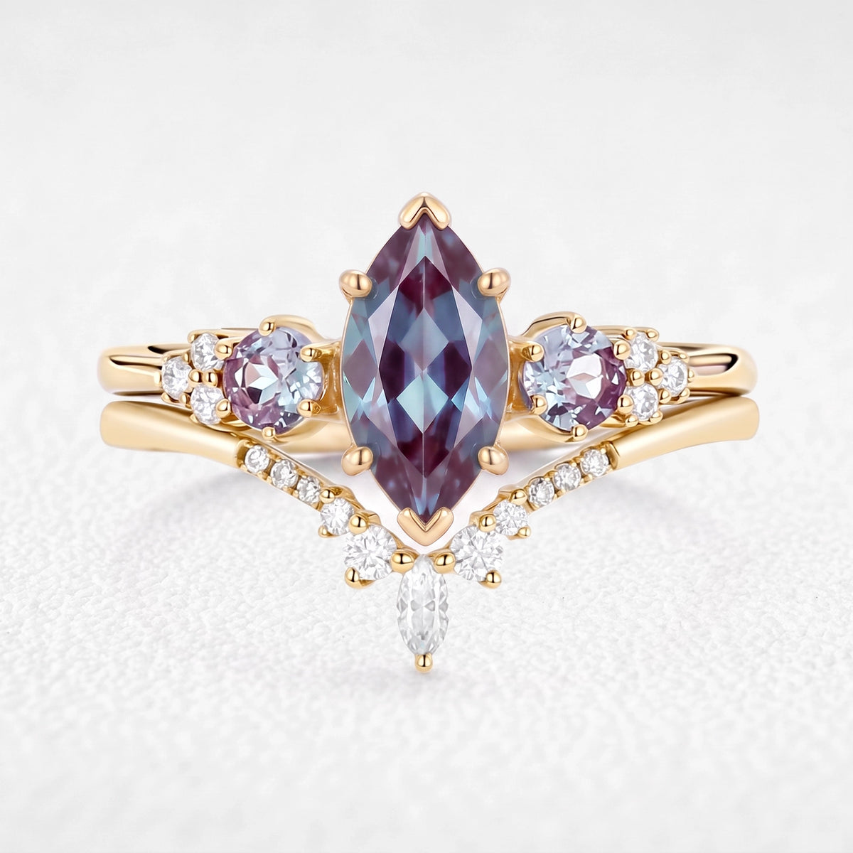 Sylvie’s Frond | Marquise Cut Alexandrite Cluster Chevron Bridal Set 2pcs