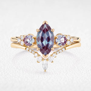 Sylvie’s Frond | Marquise Cut Alexandrite Cluster Chevron Bridal Set 2pcs