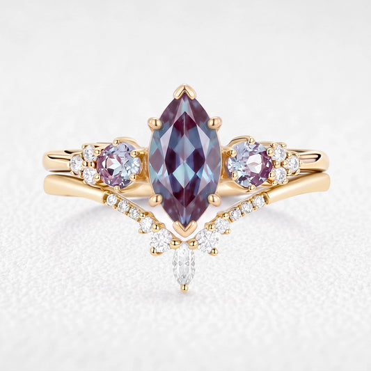Sylvie’s Frond | Marquise Cut Alexandrite Cluster Chevron Bridal Set 2pcs