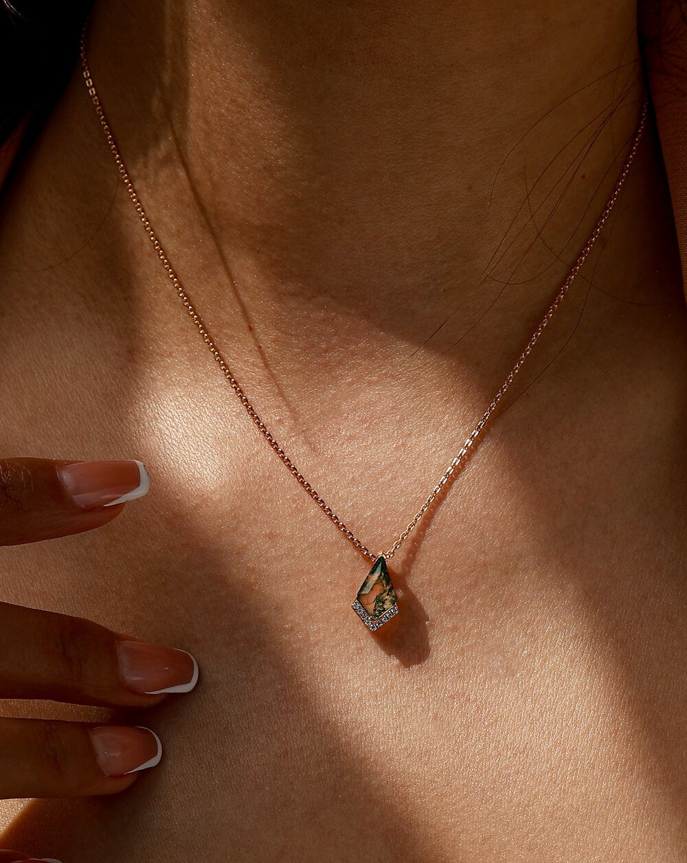 Rhombus Natural Moss Agate Gold Pendant Necklace
