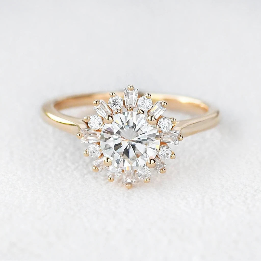 Aurora’s Sunburst | 1CT Round Diamond Halo Engagement Ring