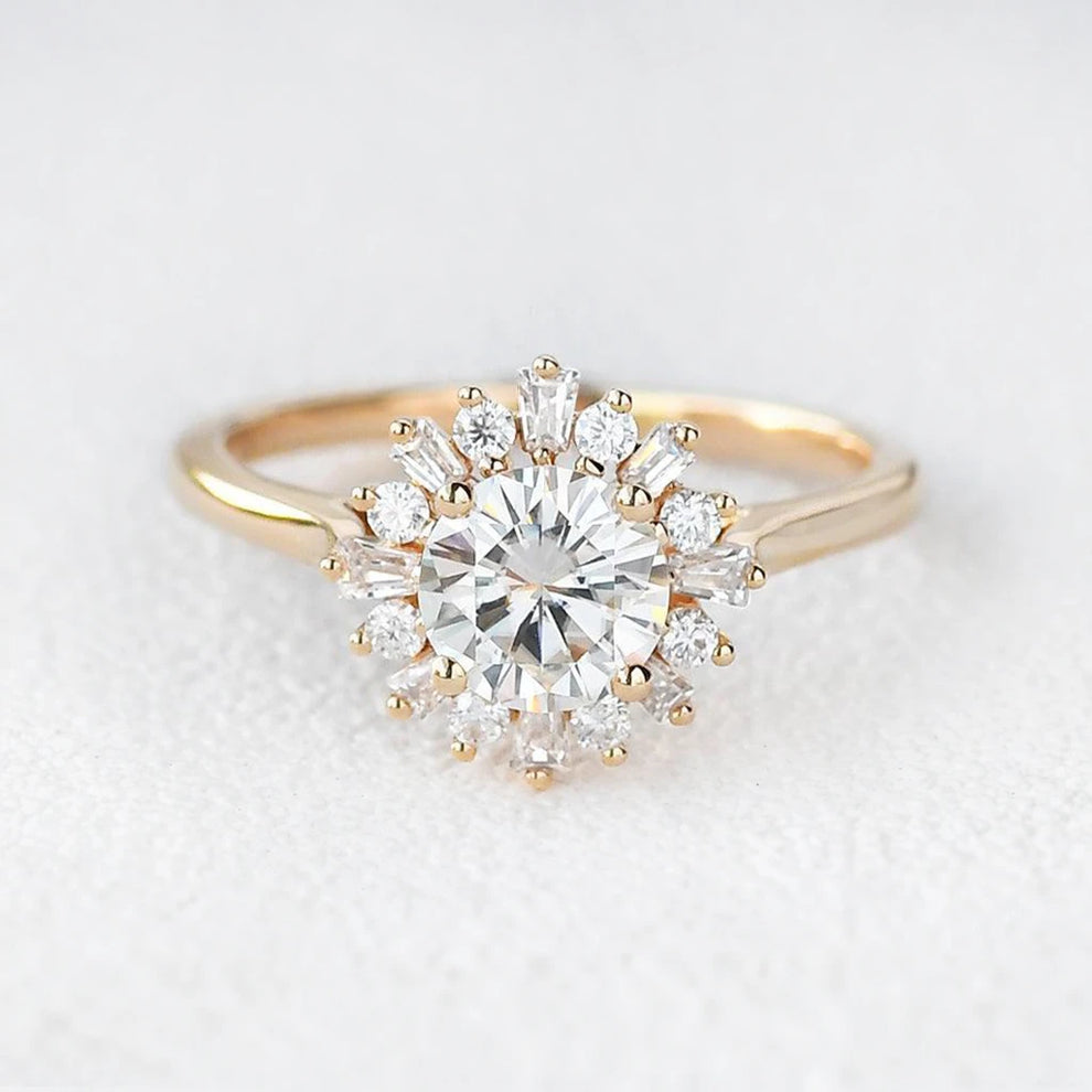 Aurora’s Sunburst | 1CT Round Diamond Halo Engagement Ring