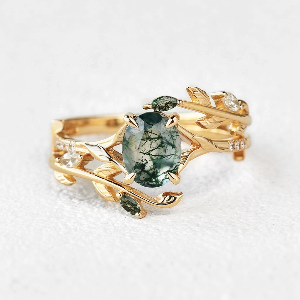 Cordelia’s Branching | Moss Agate Leafy Split Band Bridal Set 2pcs.