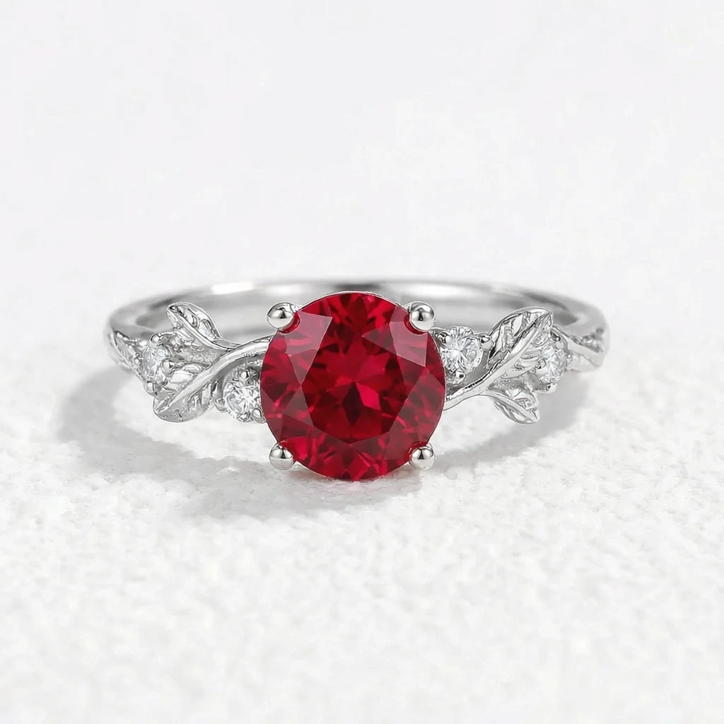 Scarlett’s Sprig | Round Ruby Solitaire Engagement Ring.