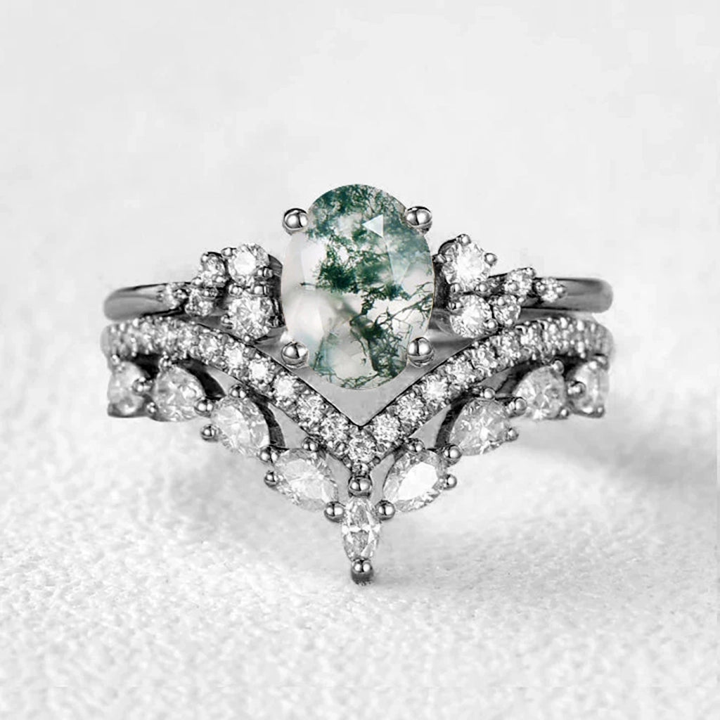Cressida’s Verdure | Vintage Oval Moss Agate Bridal Set 2pcs.