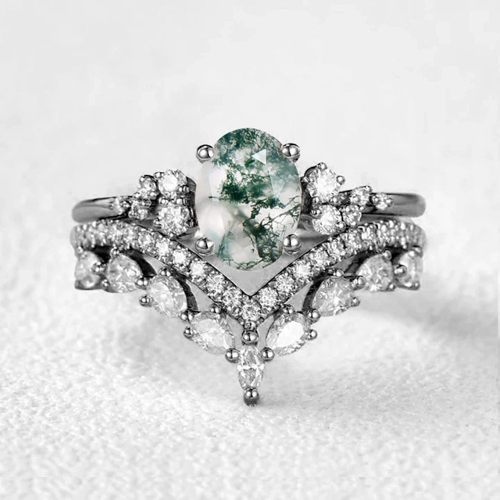 Cressida’s Verdure | Vintage Oval Moss Agate Bridal Set 2pcs.