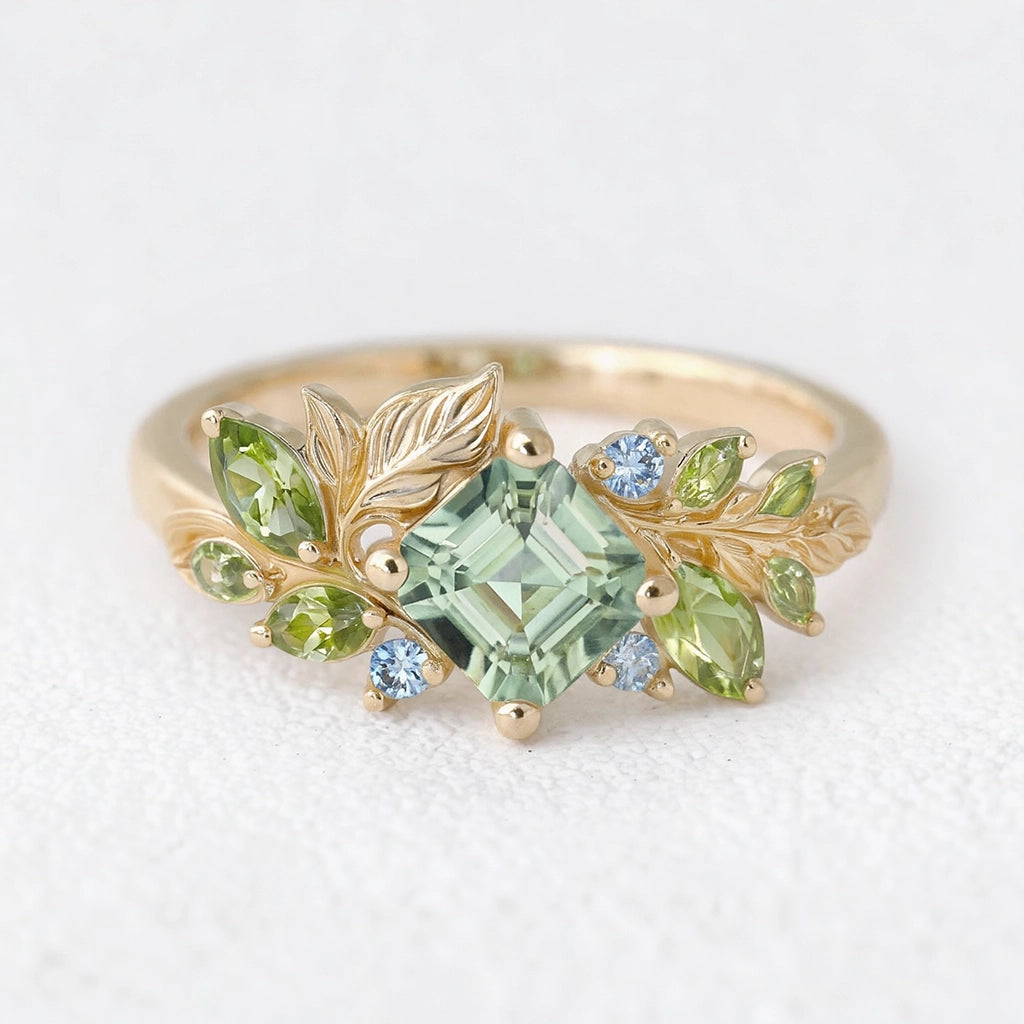 Flora’s Foliage | Mint Green Tourmaline & Birthstone Leaf Engagement Ring.
